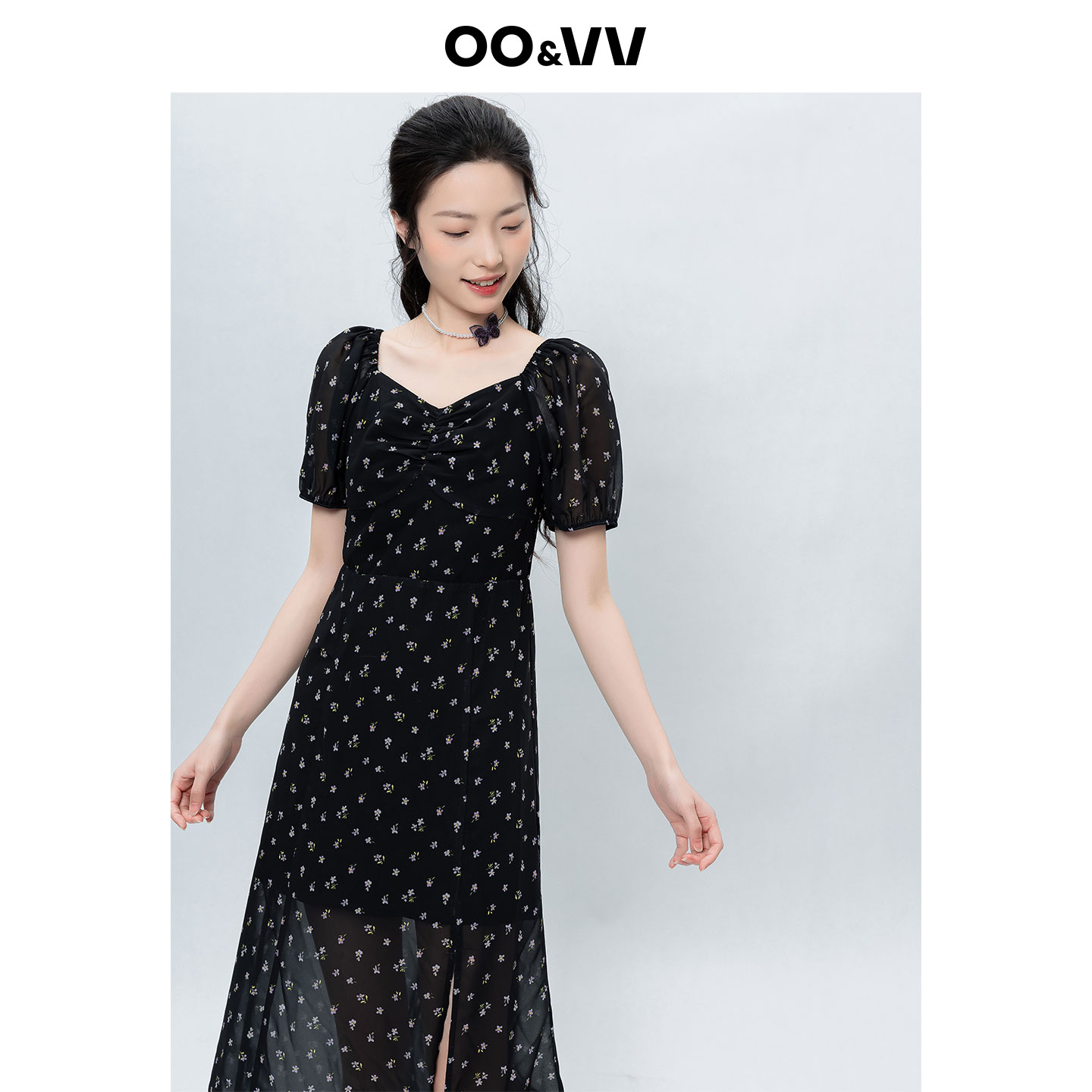 OO&VV碎花法式甜美泡泡袖夏季连衣裙复古长裙时尚山本风