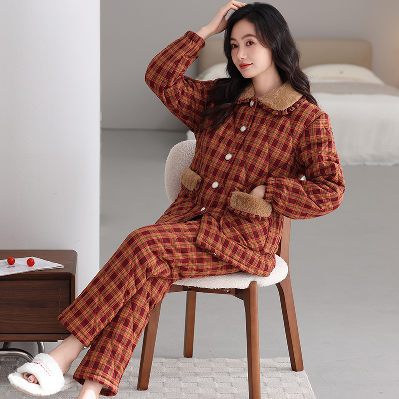 浪莎睡衣梭织纯棉夹棉睡衣女冬款三层加厚加绒冬季家居服新款套装