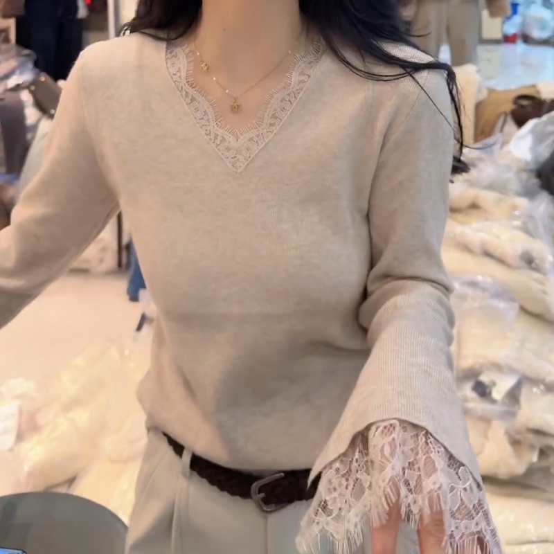 2025新款时尚百搭蕾丝V领针织衫秋冬修身打底上衣LK2506719