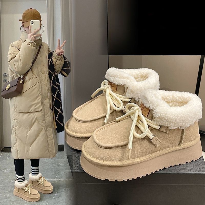 厚底增高网红雪地靴女2025新款冬季加绒加厚保暖短靴毛毛棉鞋靴子