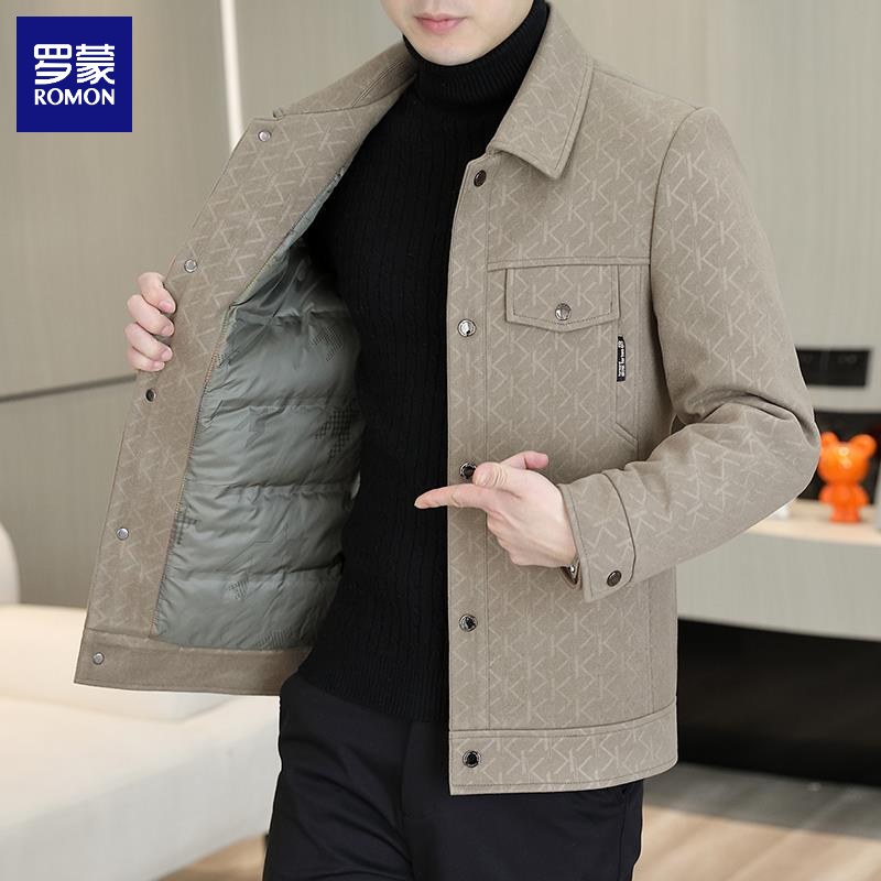 罗蒙冬季新款毛呢羽绒服男士加厚休闲时尚保暖翻领高级感呢子夹克