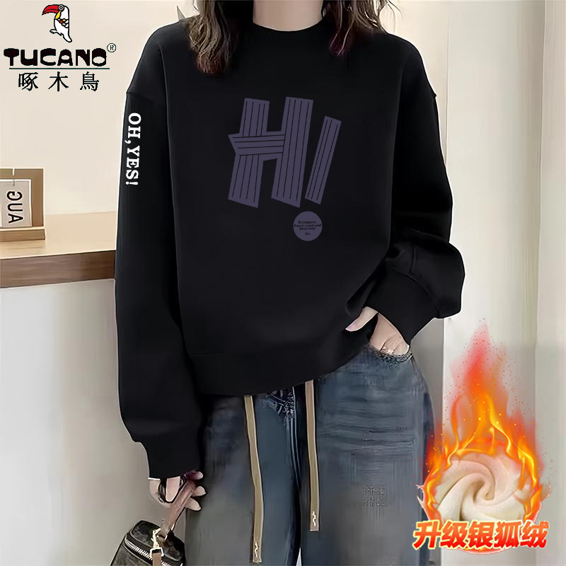 啄木鸟纯棉连帽长袖T恤女装秋冬新款慵懒风大码宽松显瘦无帽卫衣