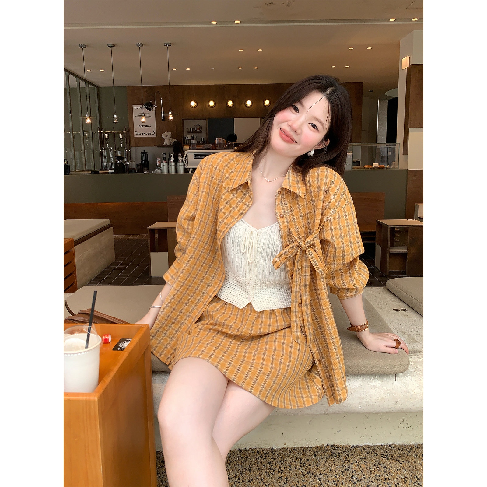 琥珀流光 火火【乌龙冰茶】韩版小众格子衬衫半身裙套装S36874HH52