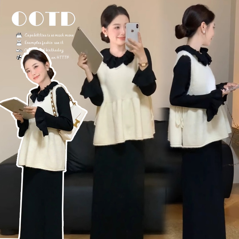 时髦孕妇装新款穿搭赫本风复古黑色荷叶边喇叭袖针织长袖马甲套装