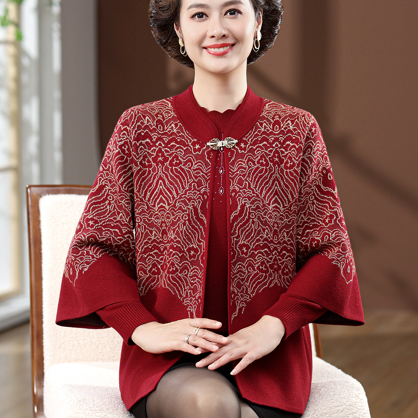 妈妈秋装红色本命年针织两件套2025新款中老年女内搭毛衣过年衣服