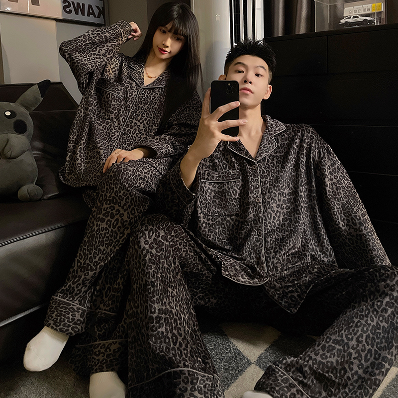 豹纹情侣睡衣女款春秋季德绒长袖长裤套装高级感可外穿男士家居服