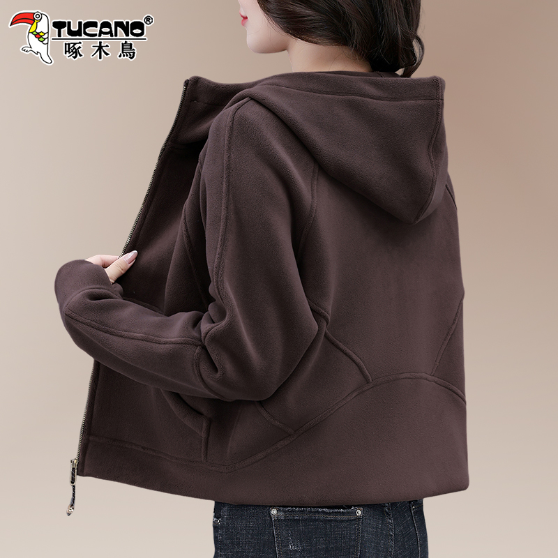 啄木鸟抓绒外套女2026新秋冬双面绒上衣休闲连帽摇粒绒开衫卫衣