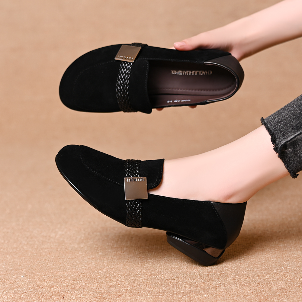 真皮羊皮圆头编织乐福鞋2025春秋新款百搭两穿低跟一脚蹬绒面单鞋