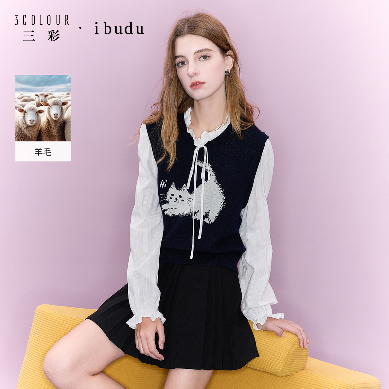 三彩ibudu2025冬季新款假两件针织衫系带动物图案毛衫套头休闲女