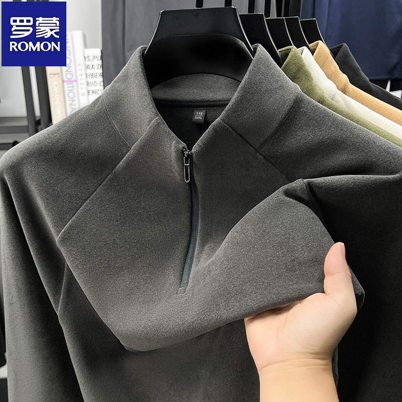 罗蒙男士双面绒秋冬加绒半拉链立领套头卫衣休闲保暖纯色打底T恤