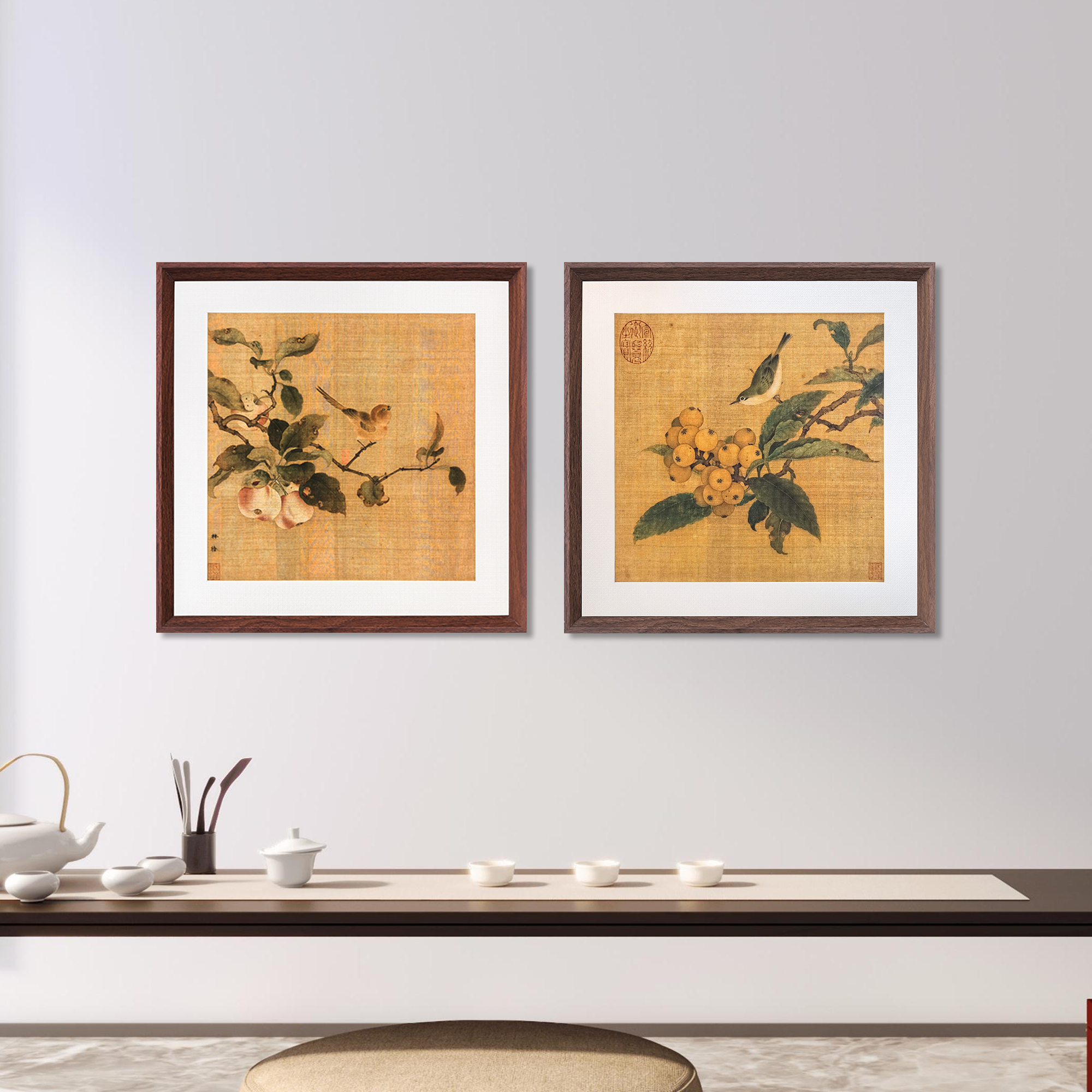 果熟来禽图+枇杷山鸟图53*53两幅 书房茶室客厅餐厅挂画国画