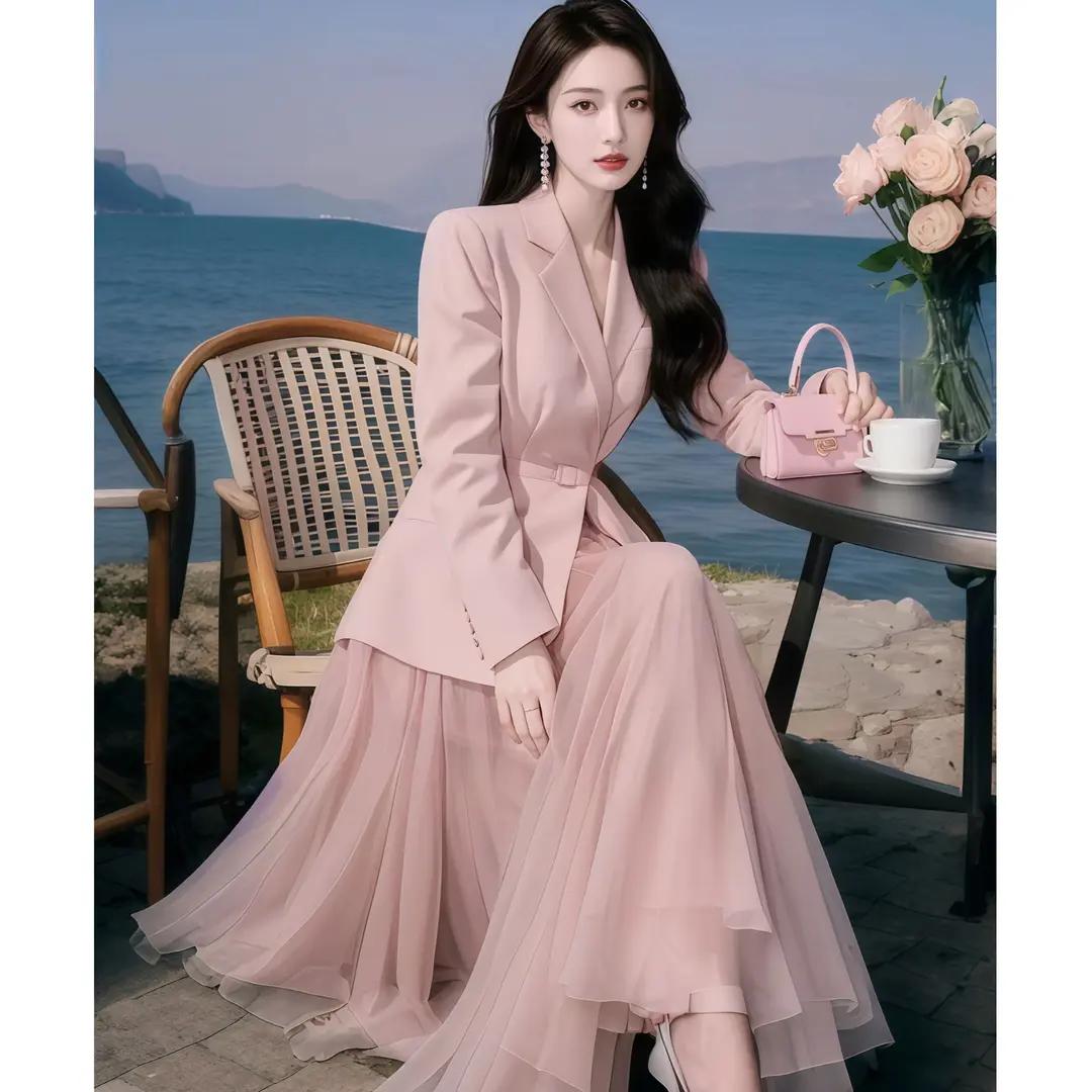 开春搭配一整套2025新款气质名媛粉色西装外套纱裙独特超好看女装