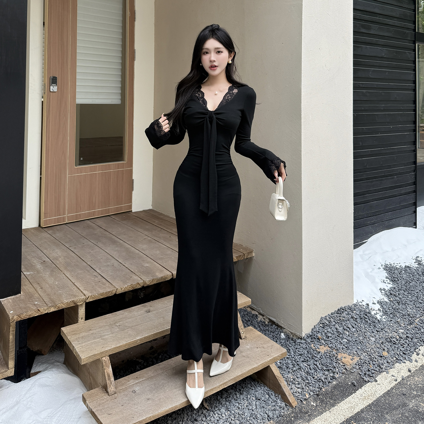 GirlsAt18 纯欲风蕾丝拼接秋冬打底连衣裙气质修身包臀鱼尾长裙