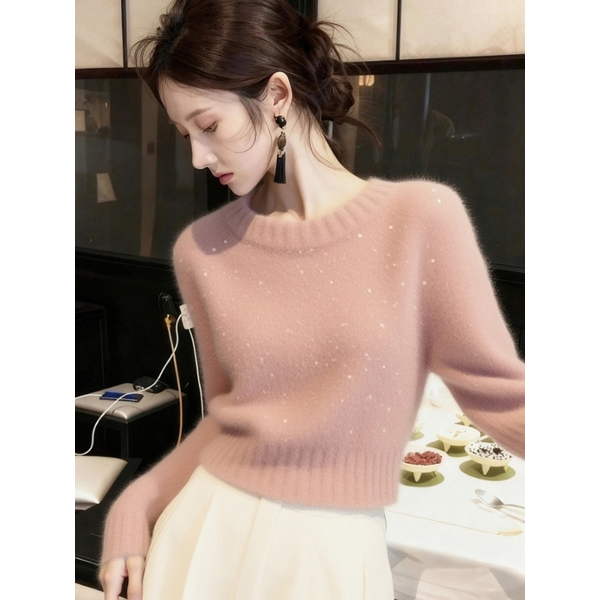 优雅绝美粉色圆领长袖毛衣针织衫女秋冬新款洋气加厚内搭小衫上衣