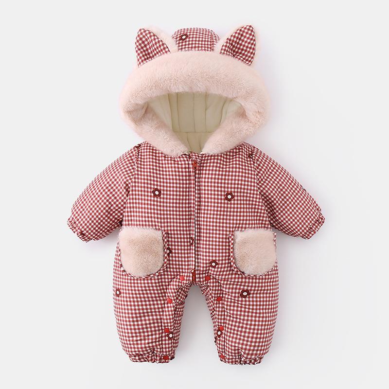 冬季加绒加厚款外套男女宝宝棉衣婴幼儿翻领格子保暖连帽外出爬服