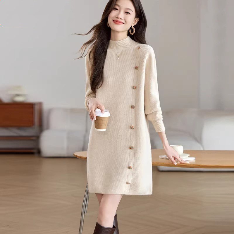 秋冬洋气减龄中长款遮屁股毛衣裙韩国高端气质半高领针织毛衣裙女