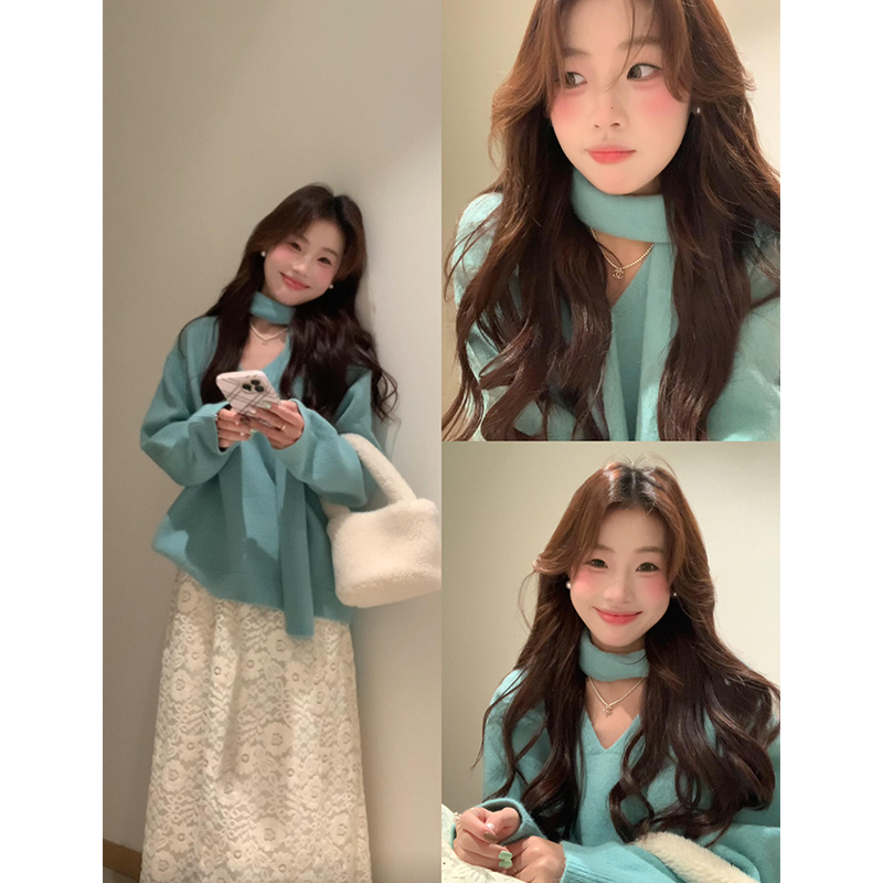 INS CEC慵懒风软糯针织衫毛衣女秋冬2025新款A字网纱半身裙套装