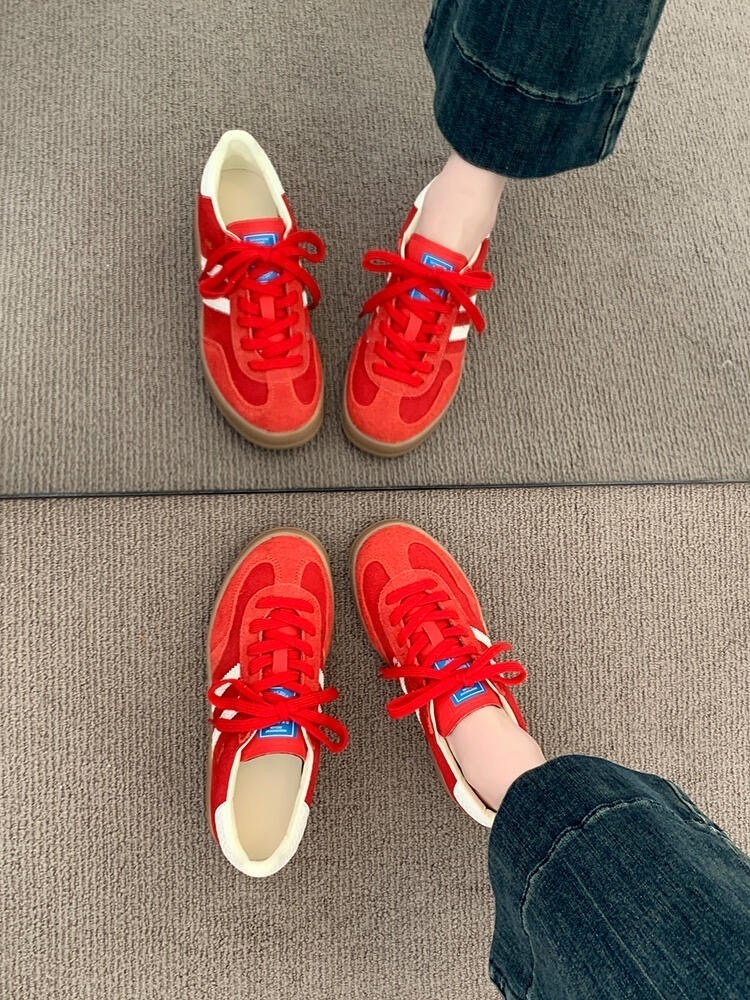 复古红色德训2025日常时尚百搭多巴胺休闲运动鞋红色德训鞋