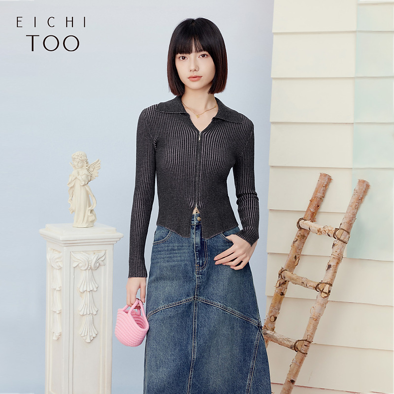 爱居兔新款双色设计感时尚修身短款长袖针织衫ENZAJ1P014A