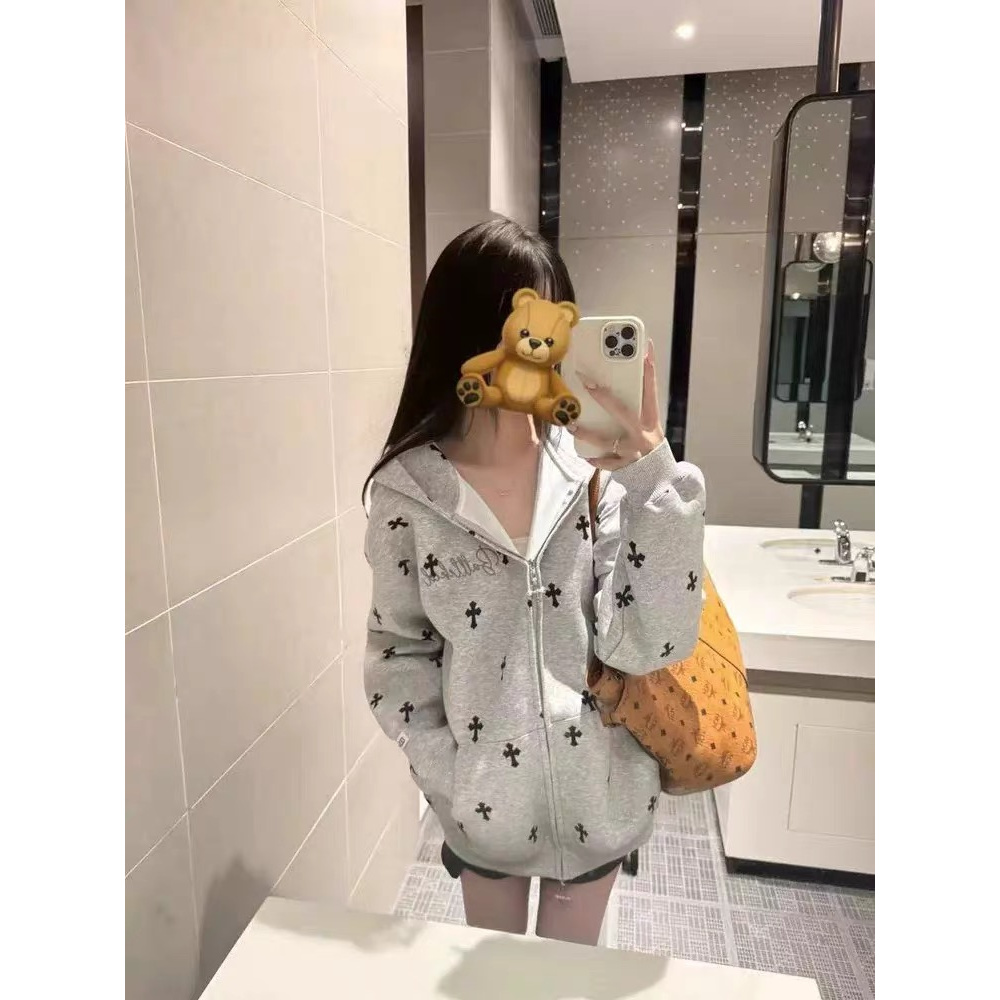 美式十字架满印开衫外套卫衣男女秋情侣帽衫上衣