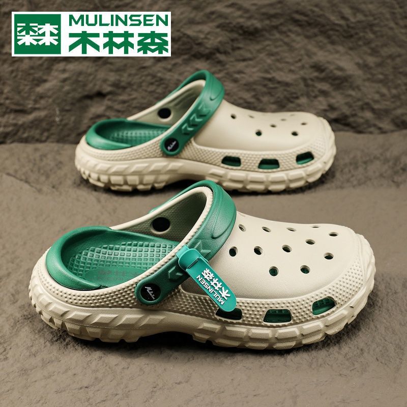 木林森洞洞男士春夏外穿厚底包头拖鞋户外运动休闲男士透气拖鞋