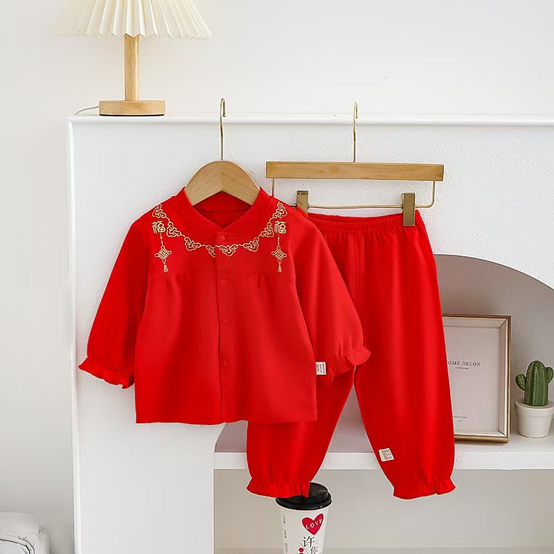 纯棉红色女童套装百日宴宝宝衣服宝宝拜年服新款女宝周岁抓周礼服