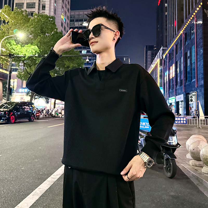 翻领假两件卫衣男士春秋季外套2025新款高级感潮牌痞帅网格打底衫