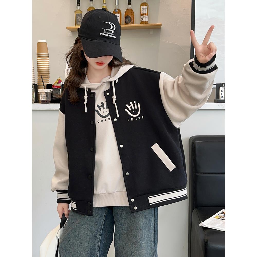 采购产品女孩棒球制服上衣秋季服装2025新风格女孩连帽运动衫女孩