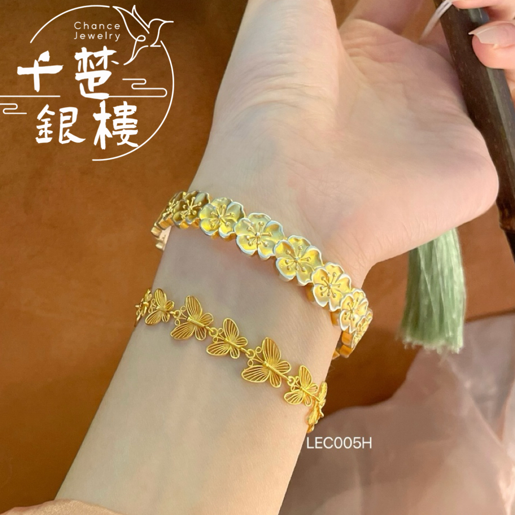 足银手镯 描金足银手镯女足银999.9桃花朵朵国风银手镯新中式古风