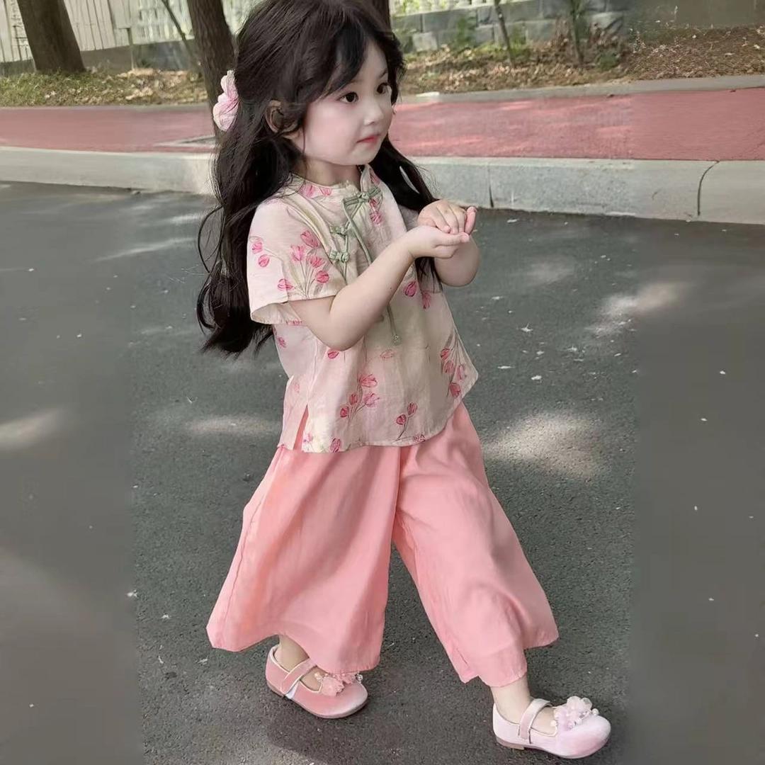 女童夏季休闲套装女宝夏装汉服新中式国风盘扣短袖阔腿裤两件套