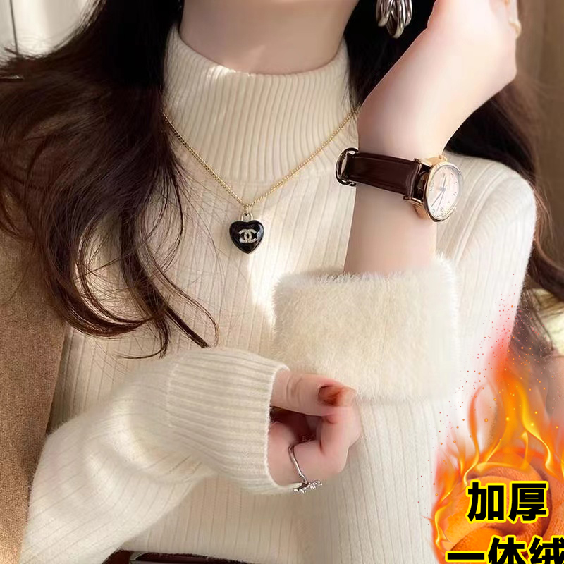 加绒加厚一体绒 圆领 竖条坑毛衣女内搭冬季半高领打底衫保暖上衣