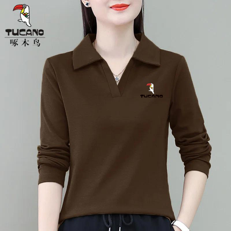 啄木鸟正品长袖翻领上衣春秋体恤衫百搭洋气休闲显瘦中年减龄t恤