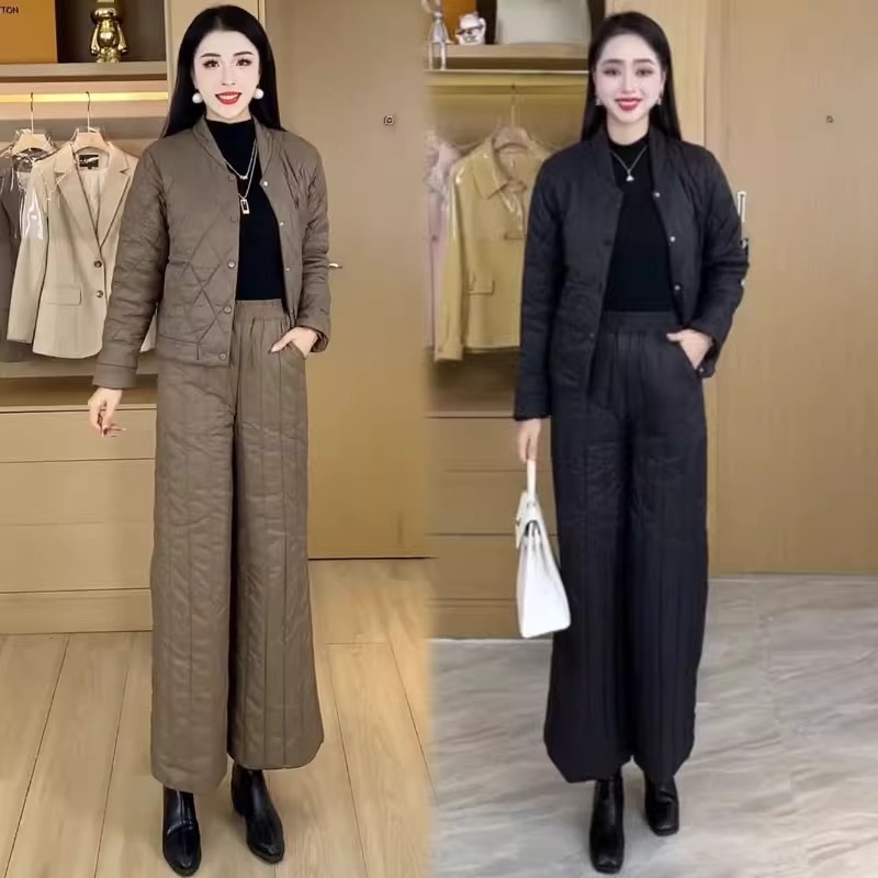 加棉加厚时尚套装女2025冬季新款时髦洋气菱格保暖棉衣棉裤两件套