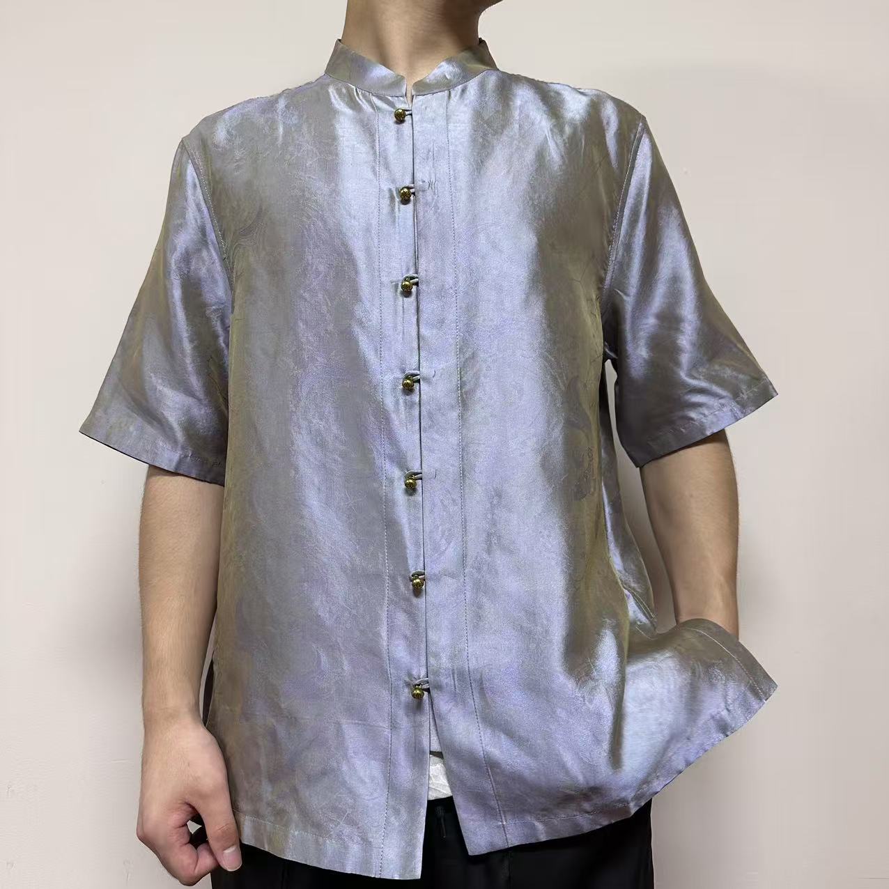 月下扬帆男装夏季100桑蚕丝2585银色流光绸休闲短袖中国风薄款