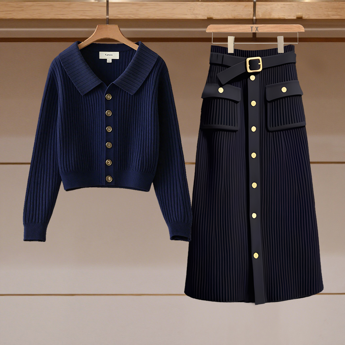 2025秋季新款穿搭一整套爆款藏蓝色简约翻领针织上衣百搭A字裙子