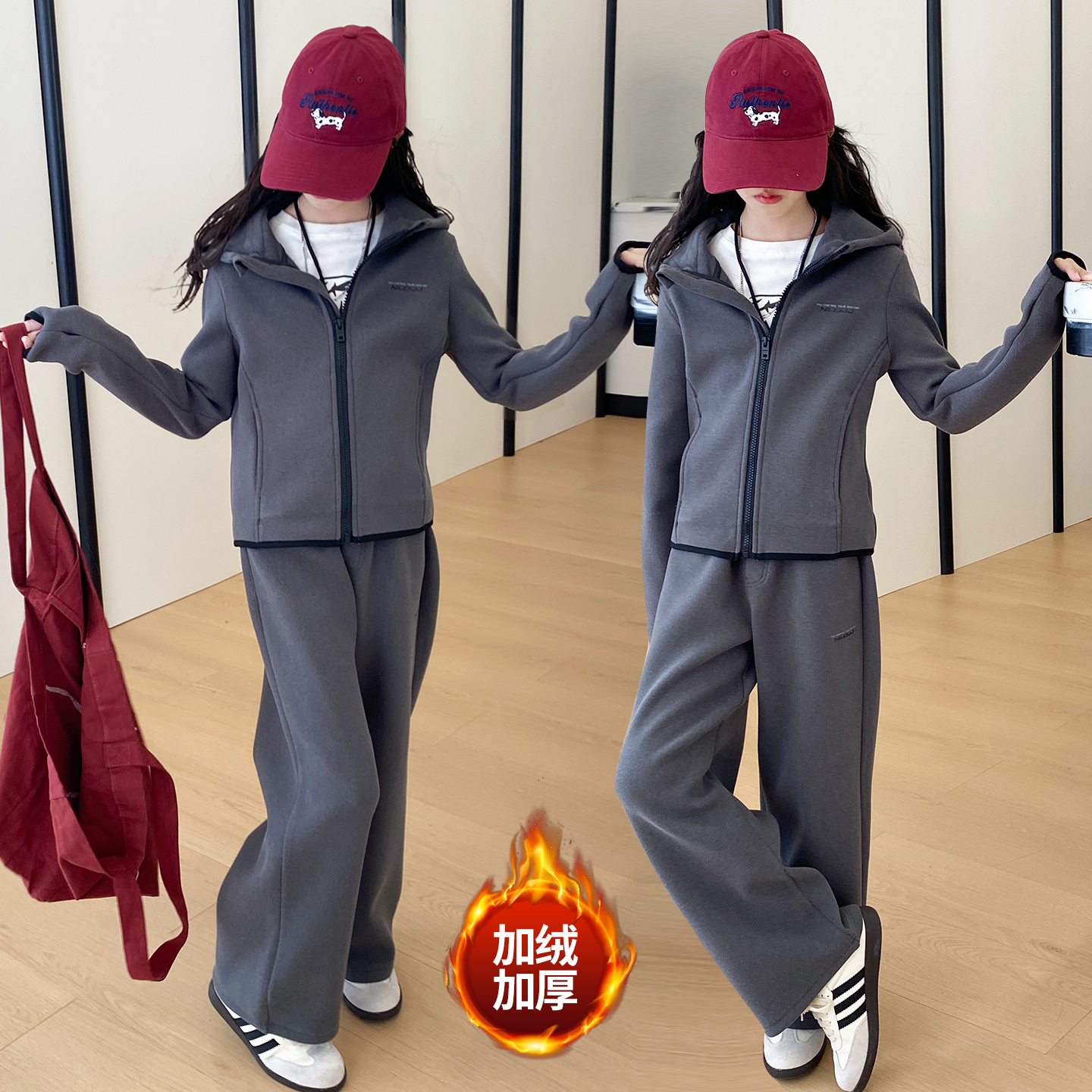 女童秋冬季连帽套装2025新款加绒中大童儿童时尚运动休闲两件套潮