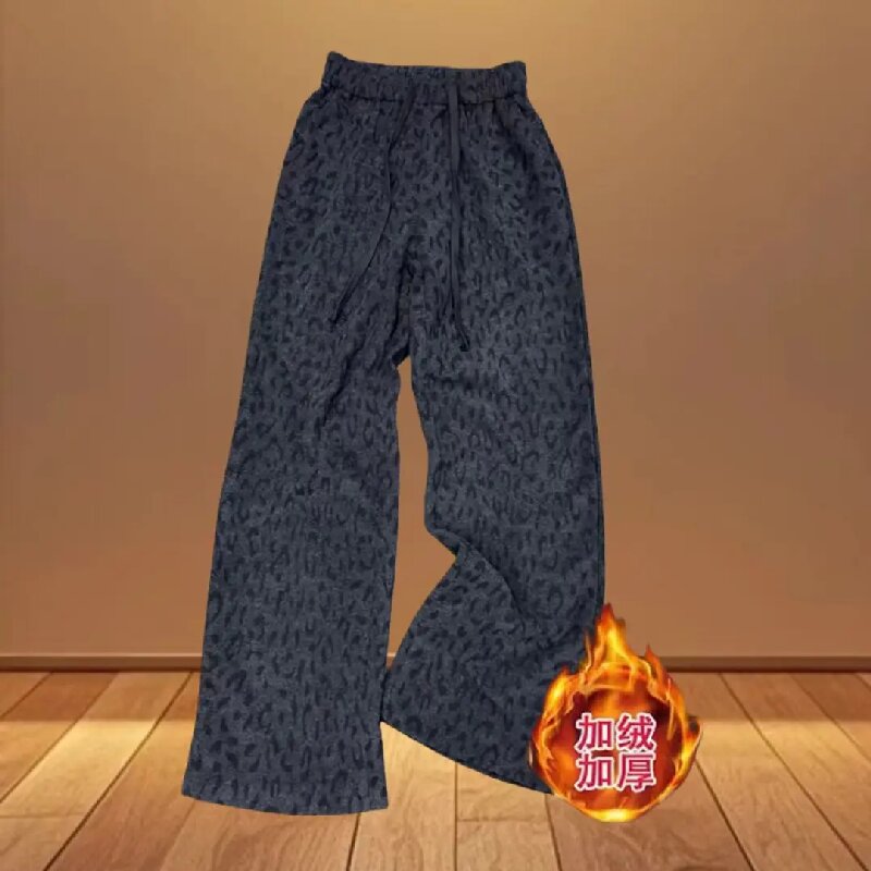 复古美式直筒裤时尚休闲印花女秋冬休闲裤高腰宽松豹纹印花加绒裤