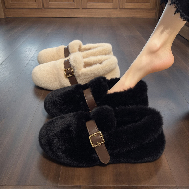 水貂绒毛毛鞋女外穿2025年新款秋冬高级感皮带扣加绒保暖豆豆棉鞋