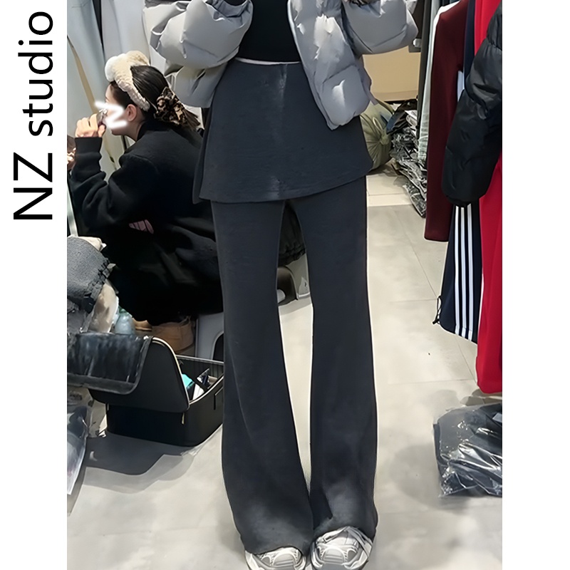 秋季新款设计感假两件屁帘微喇裤女高腰显瘦喇叭裤子百搭休闲长裤