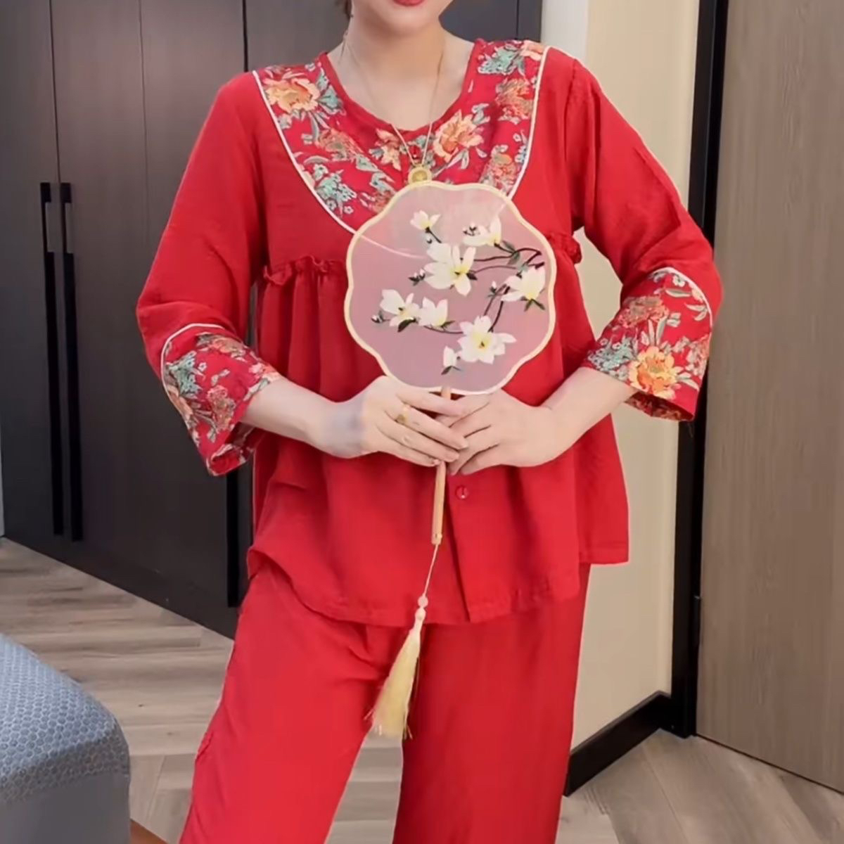 女长袖睡衣家居服夏季套装网红时尚女装民族风套装春秋季女士
