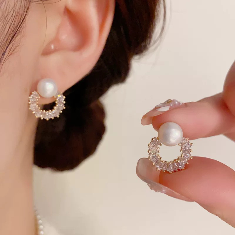 铜合金锆石耳饰 小众高级感精致百搭珍珠耳钉时尚气质轻奢锆石