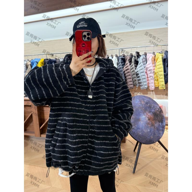 XMM.【条纹毛茸茸外套】时尚百搭连帽加绒保暖秋冬新款休闲衣H77026