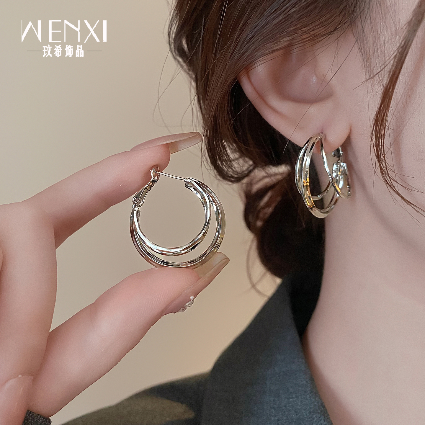 合金耳饰 简单大方银色多环圆圈耳环女高级感轻奢耳圈耳钉耳饰555