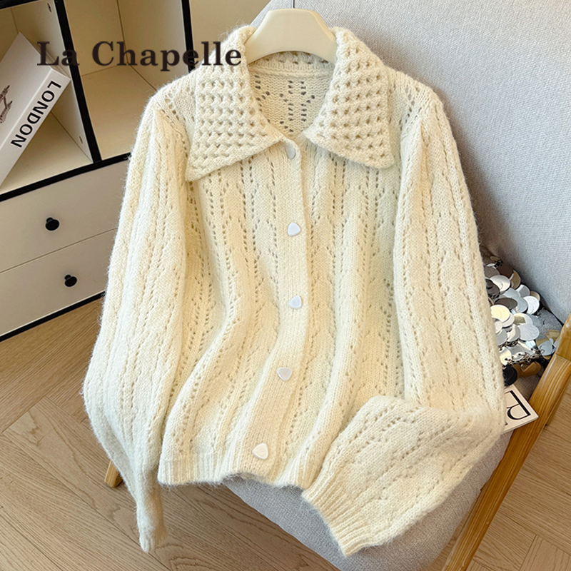 拉夏贝尔复古翻领针织开衫外套秋冬宽松慵懒风镂空设计感外穿毛衣