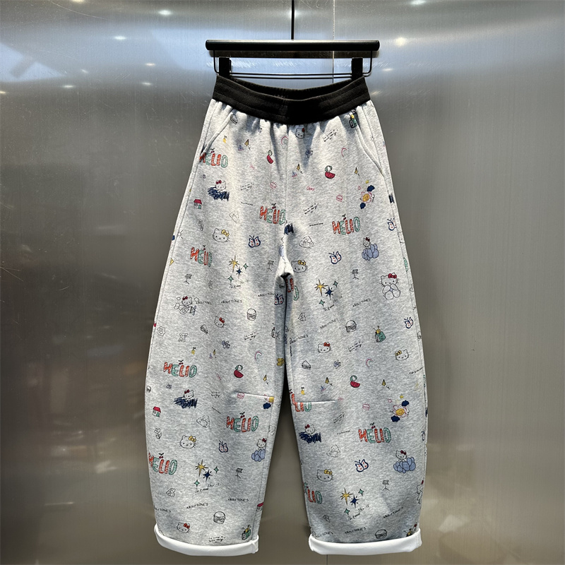 特大码300斤情侣设计感卡通印花松紧腰百搭春秋休闲裤男女弯刀裤2