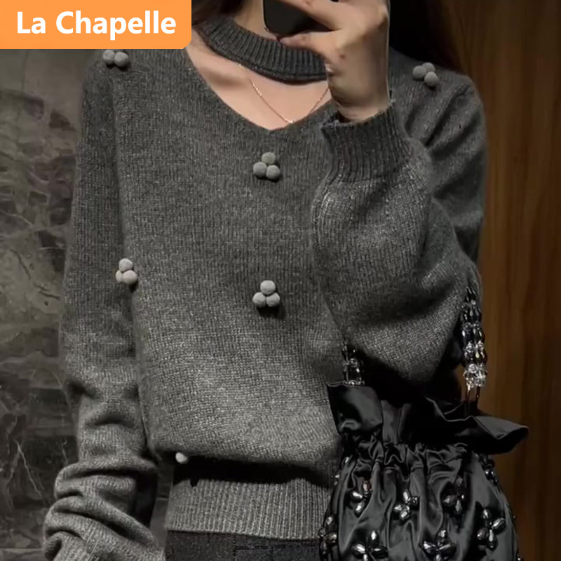 拉夏贝尔法式轻奢刺绣千金风毛衣女秋冬韩版拼接时尚针织上衣气质