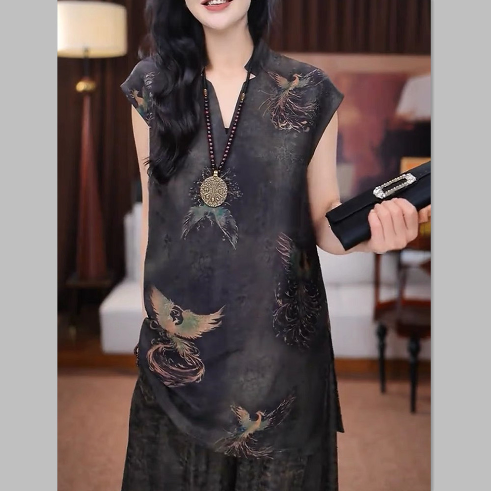 新中式国风黑色红云纱花萝提花短袖衬衫女夏季洋气老钱风唐装上衣