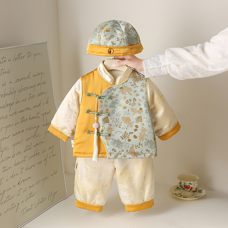 男婴儿棉衣冬季分体套装百天抓周礼服男宝宝新中式抓周冠衣拜年服