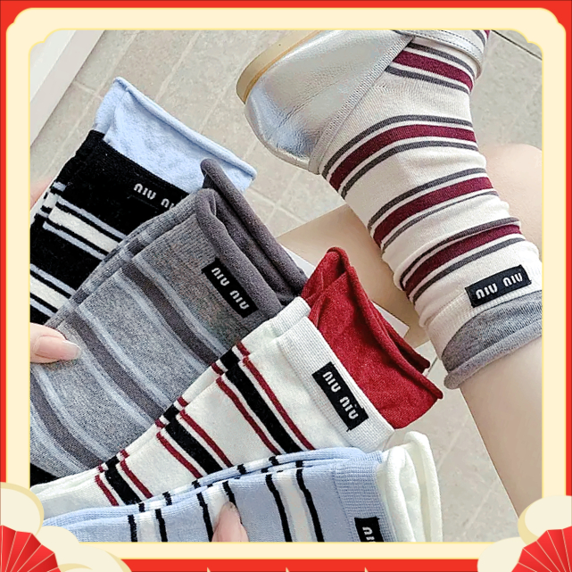 双层条纹撞色袜子女中筒袜WSZZ春秋纯棉韩版日系运动网红外【咪旺】