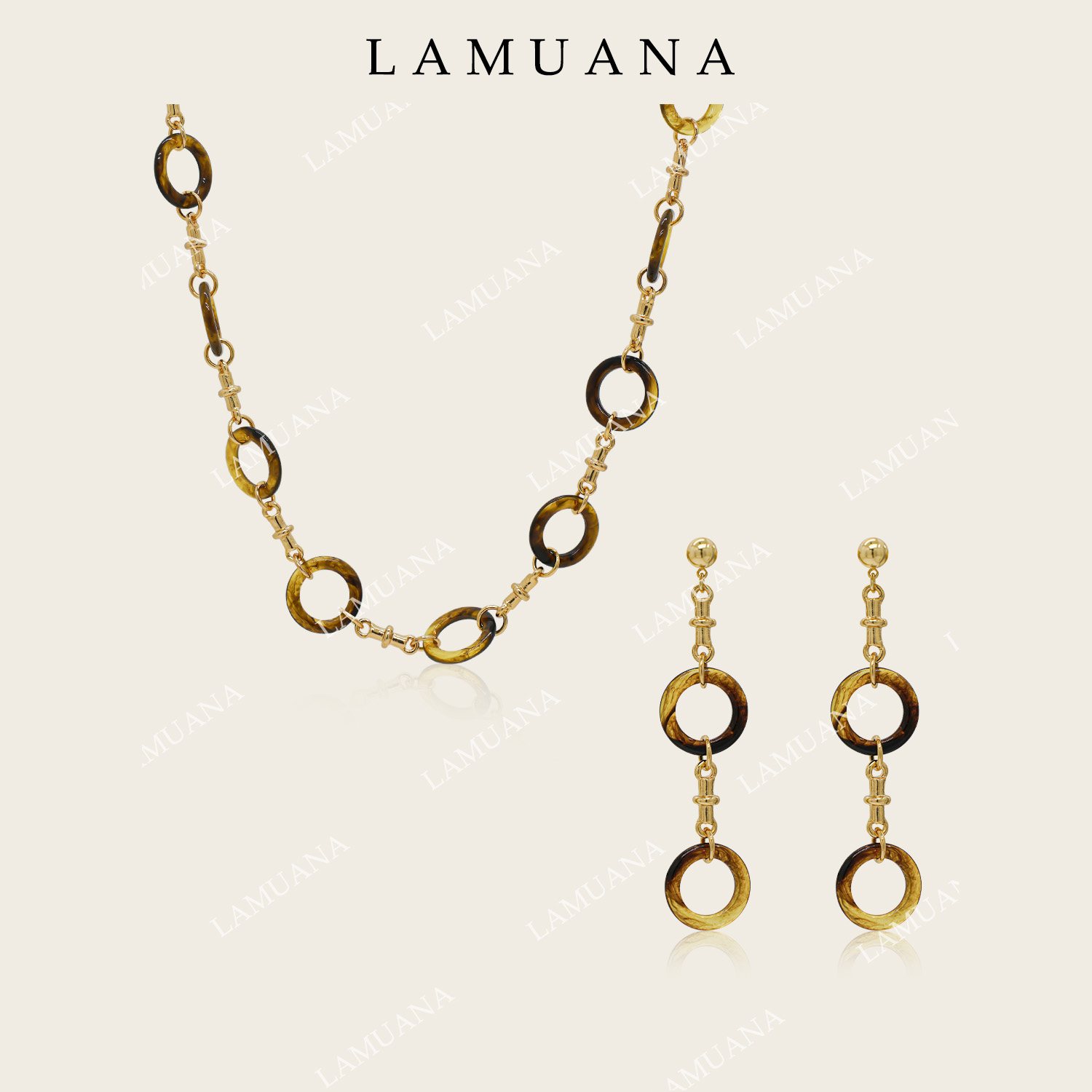 合金项链 LAMUANA咖色圆环系列项链小众设计感复古金色颈链耳钉